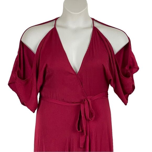 Aakaa Red Open Shoulder Back Neck Tassel Tie Maxi Wrap Dress Sz L - Picture 5 of 14